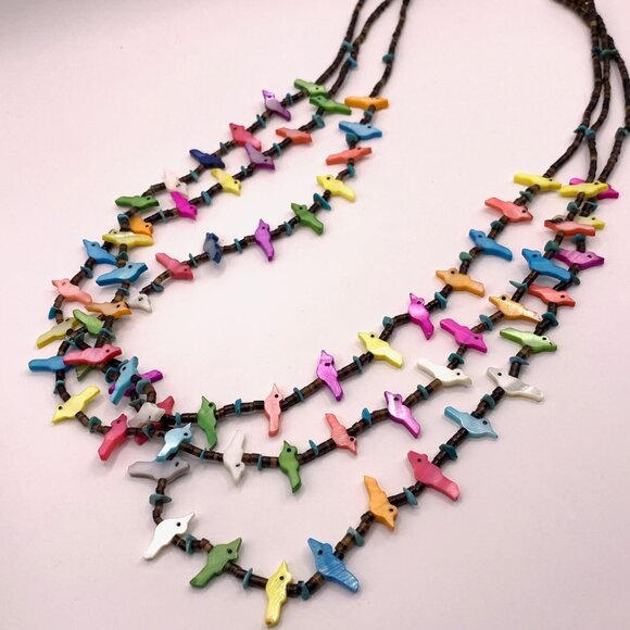 Southwest Zuni Bird Fetish Heishi Colorful Shell Birds Three Strand Necklace 734 - Picture 2 of 8